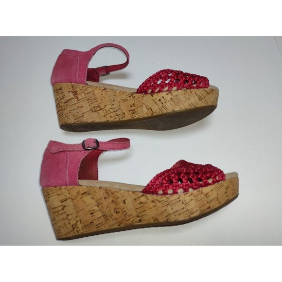 TOMS Red Pink Crochet Leather Ankle Cork Wedge Heels Sandals Size 6.5 - Picture 1 of 8
